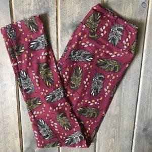 Lularoe Maroon Feather Leggings One Size